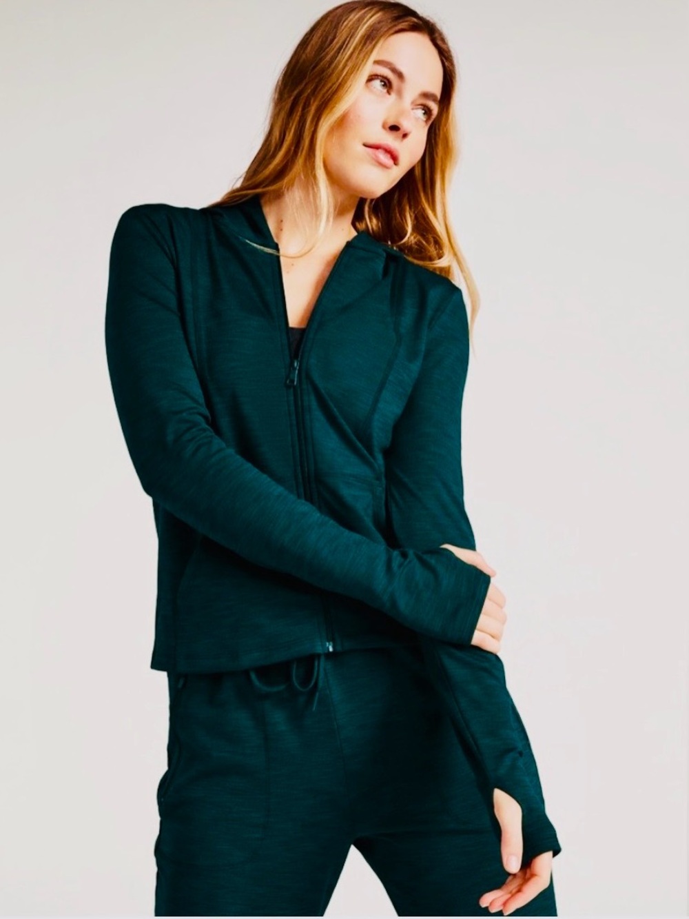 Beyond Yoga Beyond Yoga Heather Rib Morning Jog Hoodie Heather Green Workout LG